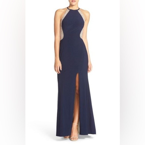 XSCAPE Beaded Illusion Halter Neck Navy Gown size 6 - Picture 3 of 15